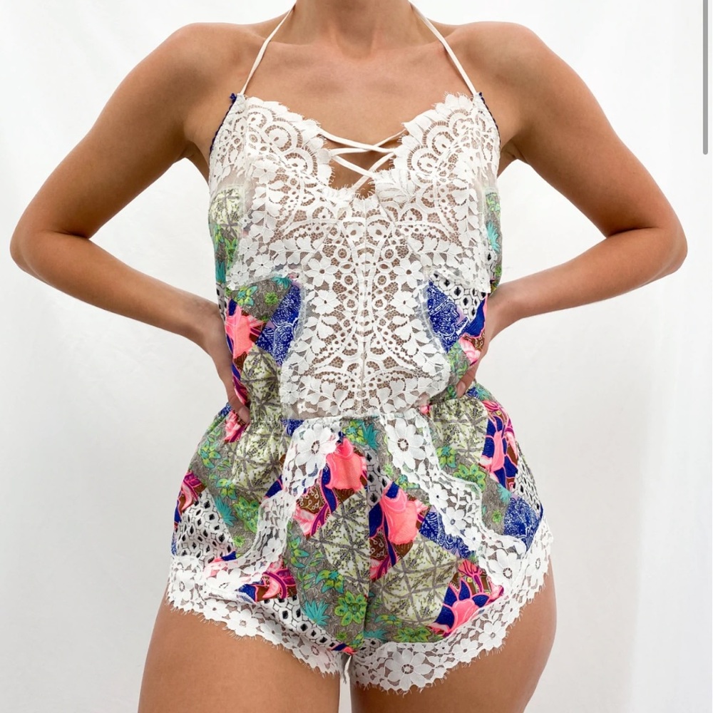 Rare Victoria’s secret Y2k Green Multi-Color Floral Lace slip on cami Romper M